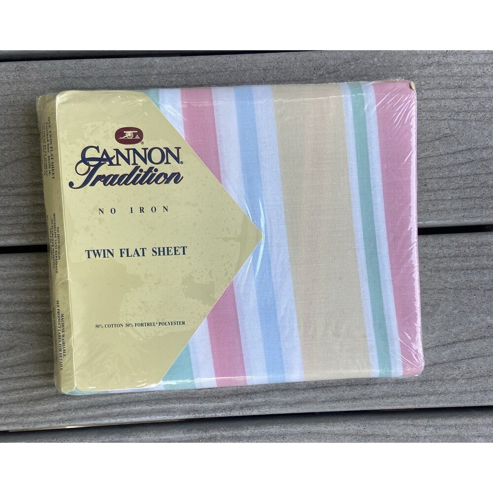 Vtg Cannon Twin Flat Bed Sheet Pastel Stripes Cotton Fresh No Iron USA Made J